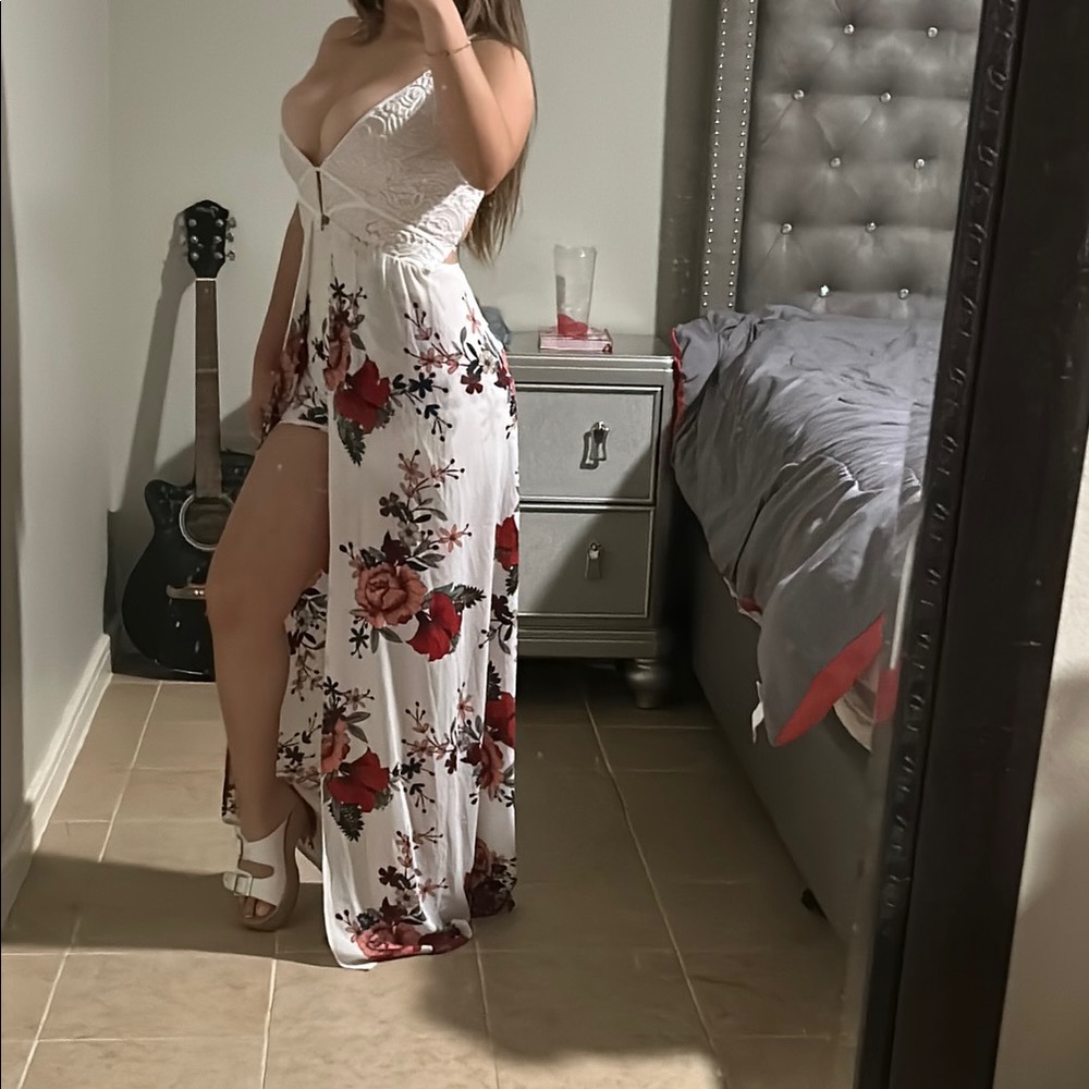 Floral White and Red Maxi Dress/Romper